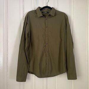 Fashion Nova Men Green Olive Button Up Long Sleeve Casual Cotton Shirt Size M